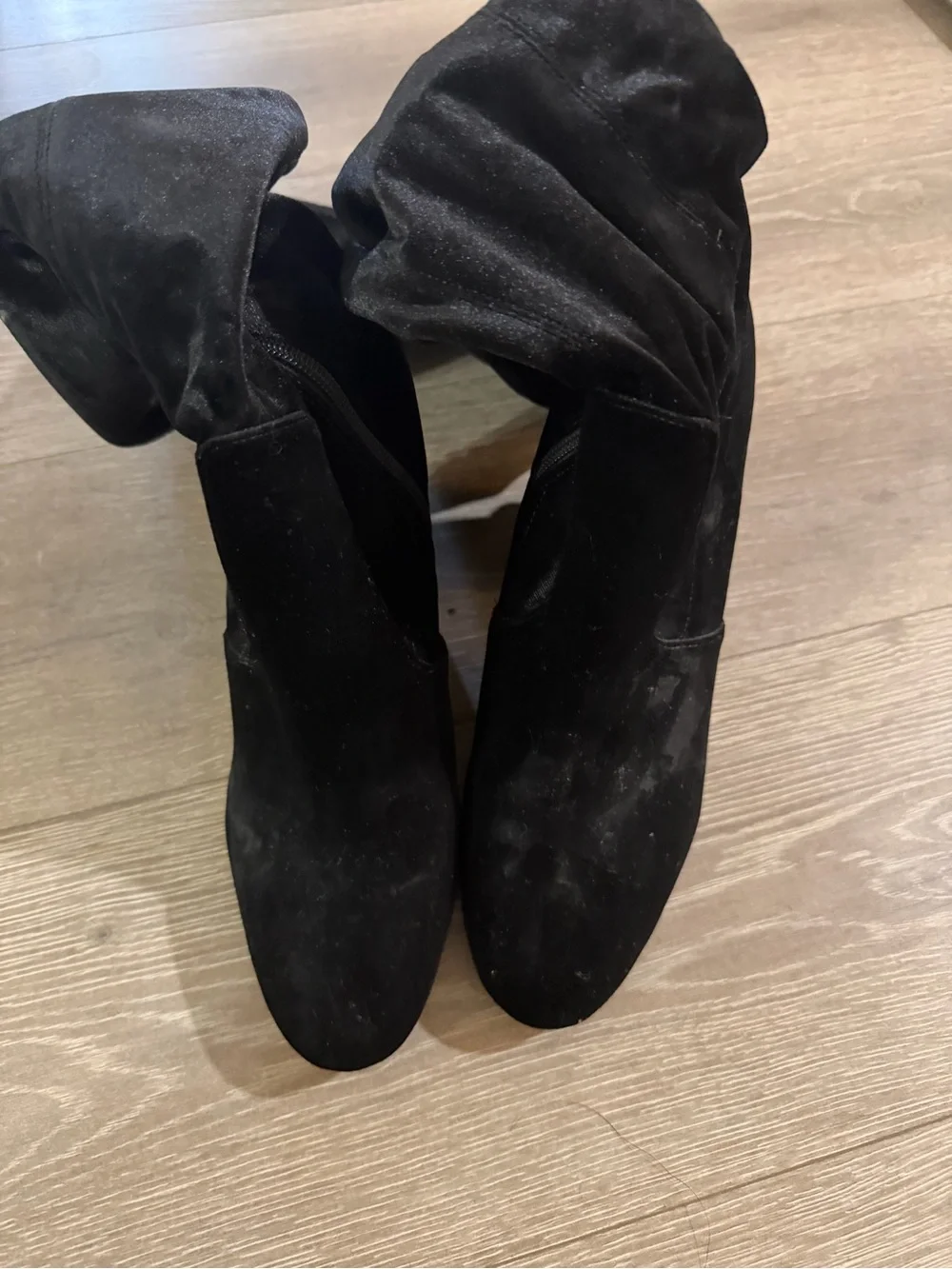 Pearl heel Black Over-the-Knee Velvet Boots with Pearl Stud Heel